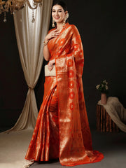 Women's Organza Orange Woven Design Designer Saree With Blouse Piece-YARYA125C