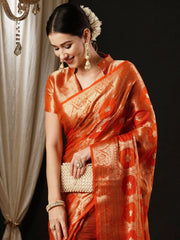 Women's Organza Orange Woven Design Designer Saree With Blouse Piece-YARYA125C