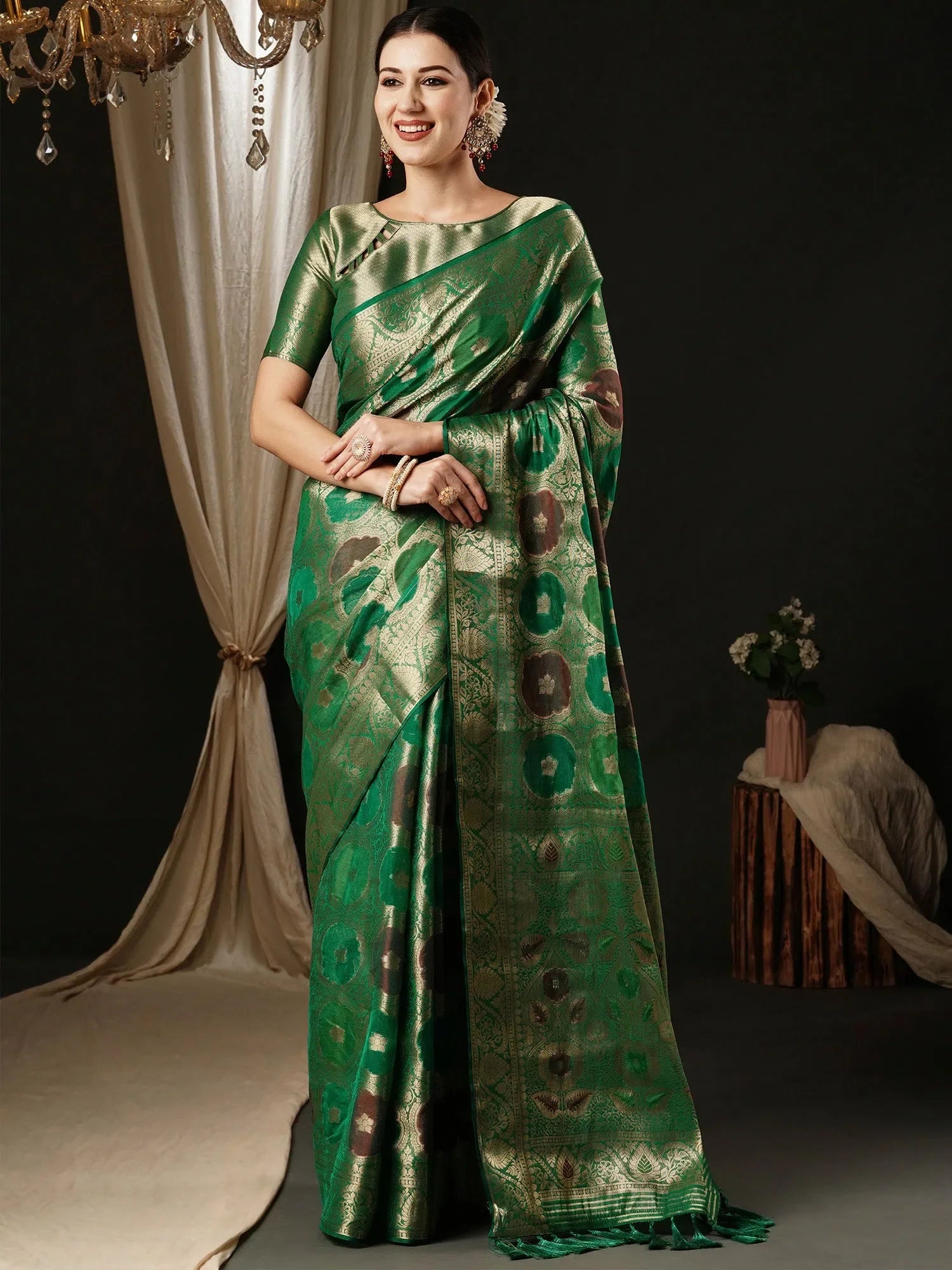 Teal Organza Saree - Designer Indian Sari with Blouse
