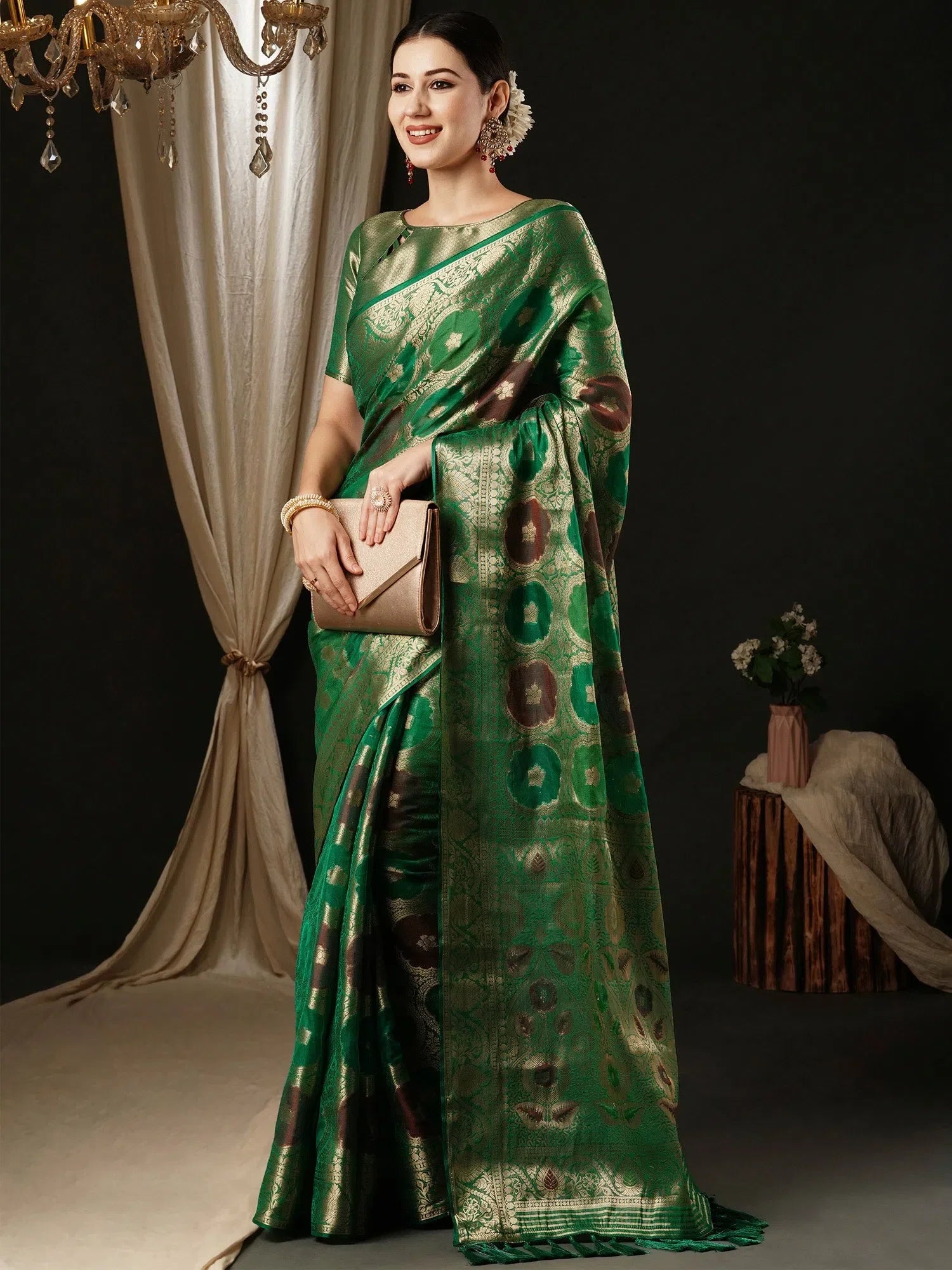 Teal Organza Saree - Designer Indian Sari with Blouse