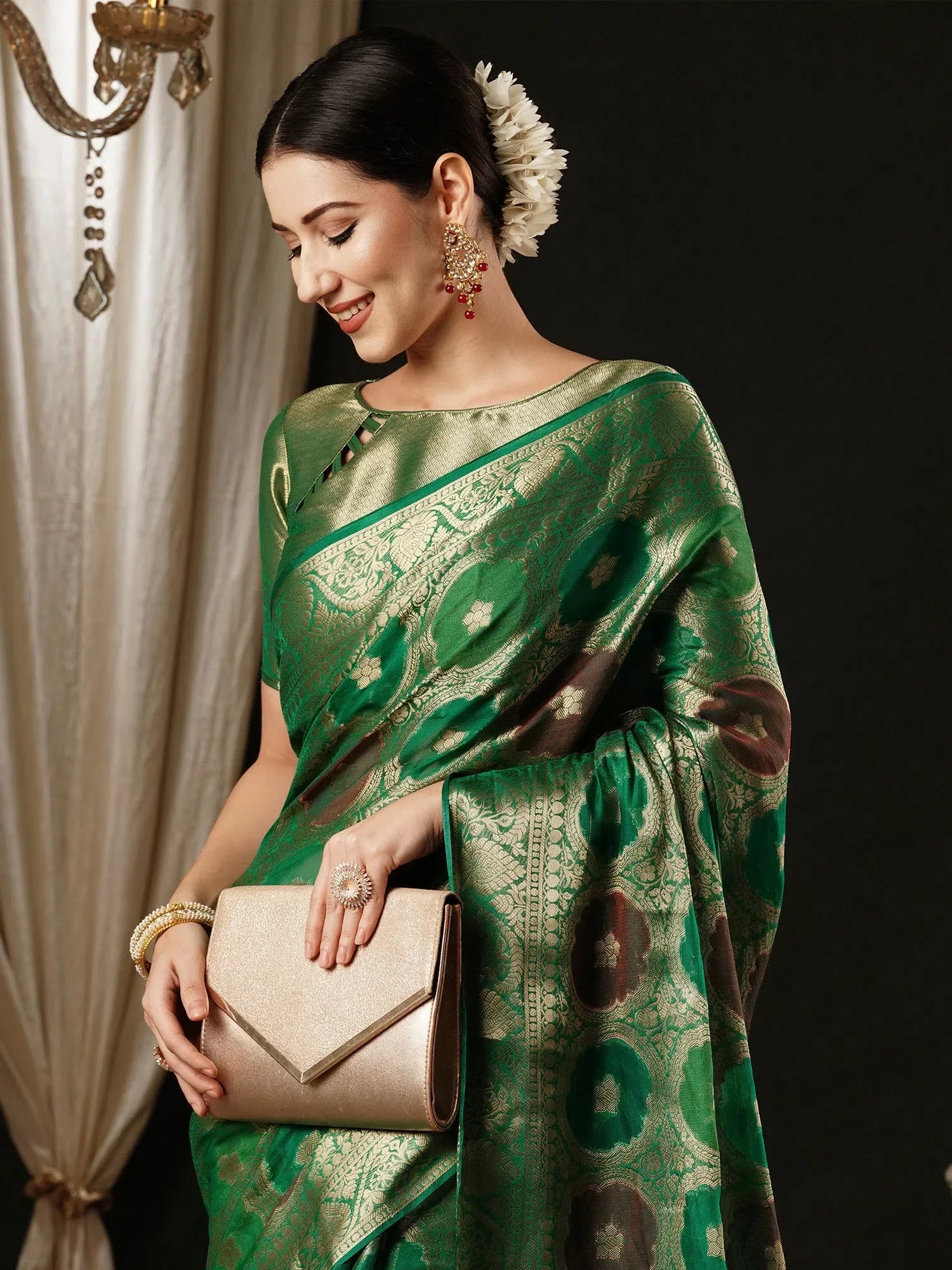 Teal Organza Saree - Designer Indian Sari with Blouse