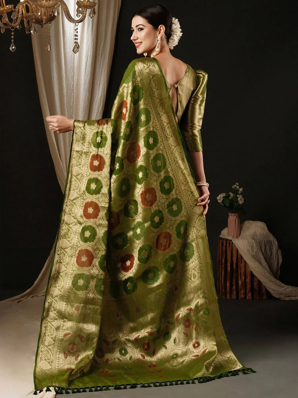 Women's Organza Olive Woven Design Designer Saree With Blouse Piece-YARYA125F