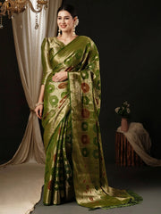 Women's Organza Olive Woven Design Designer Saree With Blouse Piece-YARYA125F