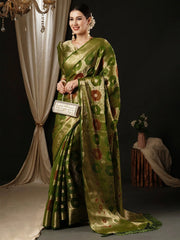 Women's Organza Olive Woven Design Designer Saree With Blouse Piece-YARYA125F