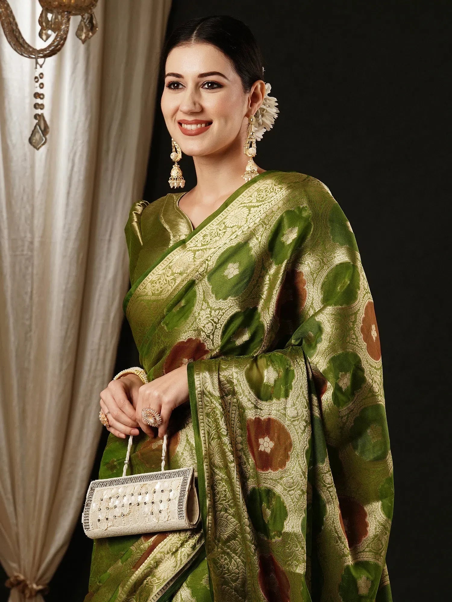 Olive Organza Saree: Designer Sarees India Collection