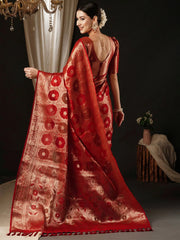 Women's Organza Red Woven Design Designer Saree With Blouse Piece-YARYA125G
