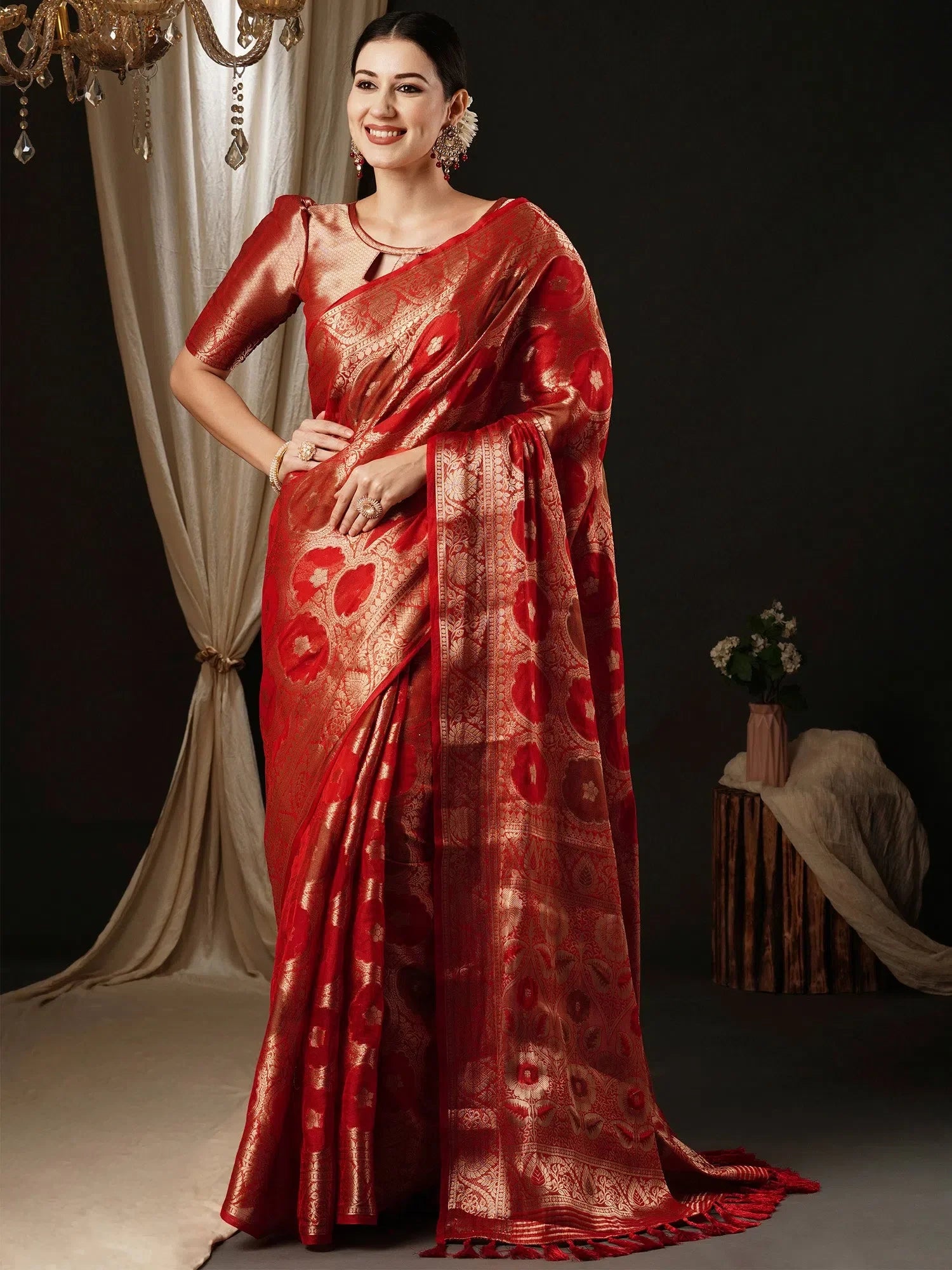 Red Organza Saree - Designer Indian Sarees with Blouse