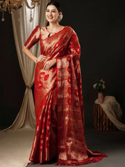 Women's Organza Red Woven Design Designer Saree With Blouse Piece-YARYA125G