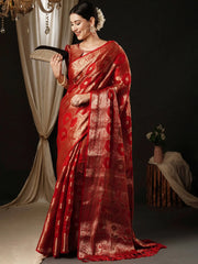 Women's Organza Red Woven Design Designer Saree With Blouse Piece-YARYA125G