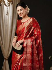 Women's Organza Red Woven Design Designer Saree With Blouse Piece-YARYA125G