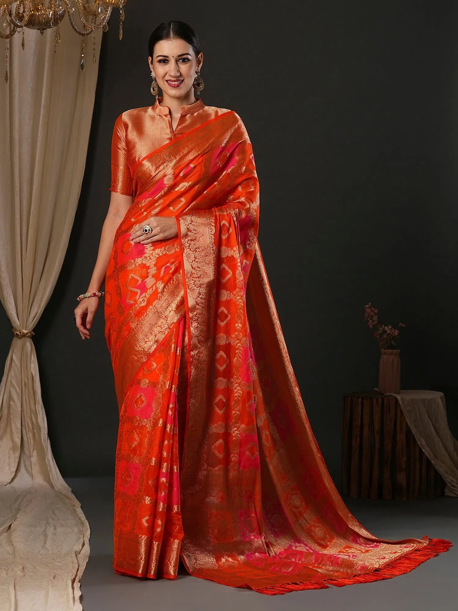 Organza Orange Saree: Designer Indian Sarees Online