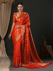 Women's Organza Orange Woven Design Designer Saree With Blouse Piece-YARYA126C