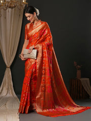 Women's Organza Orange Woven Design Designer Saree With Blouse Piece-YARYA126C