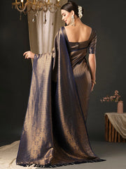 Women's  Blend Navy Blue Embellished Designer Saree With Blouse Piece-YARYA507
