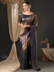 Women's  Blend Navy Blue Embellished Designer Saree With Blouse Piece-YARYA507