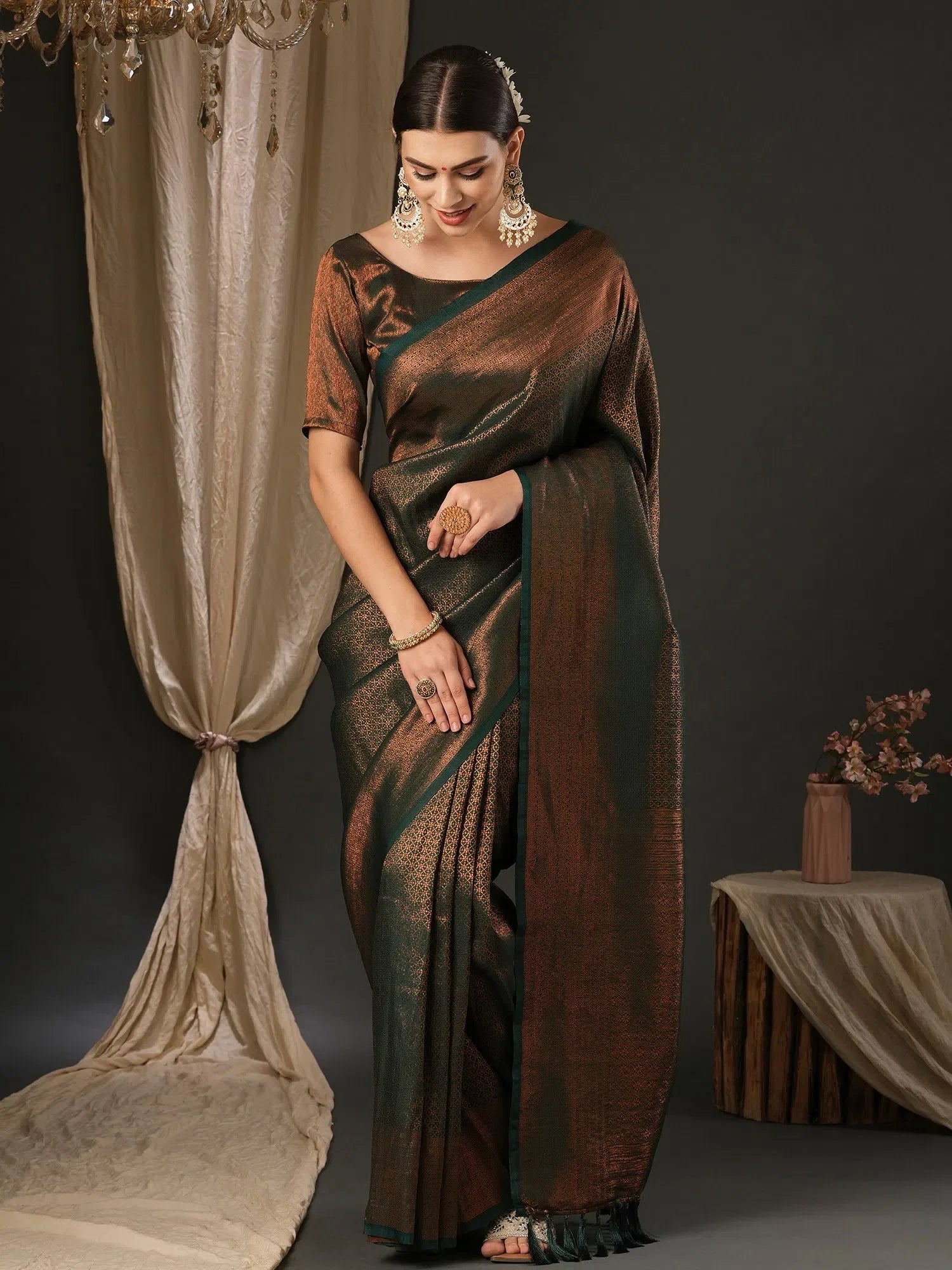 Dark Green Designer Saree with Blouse | Authentic Indian Sarees