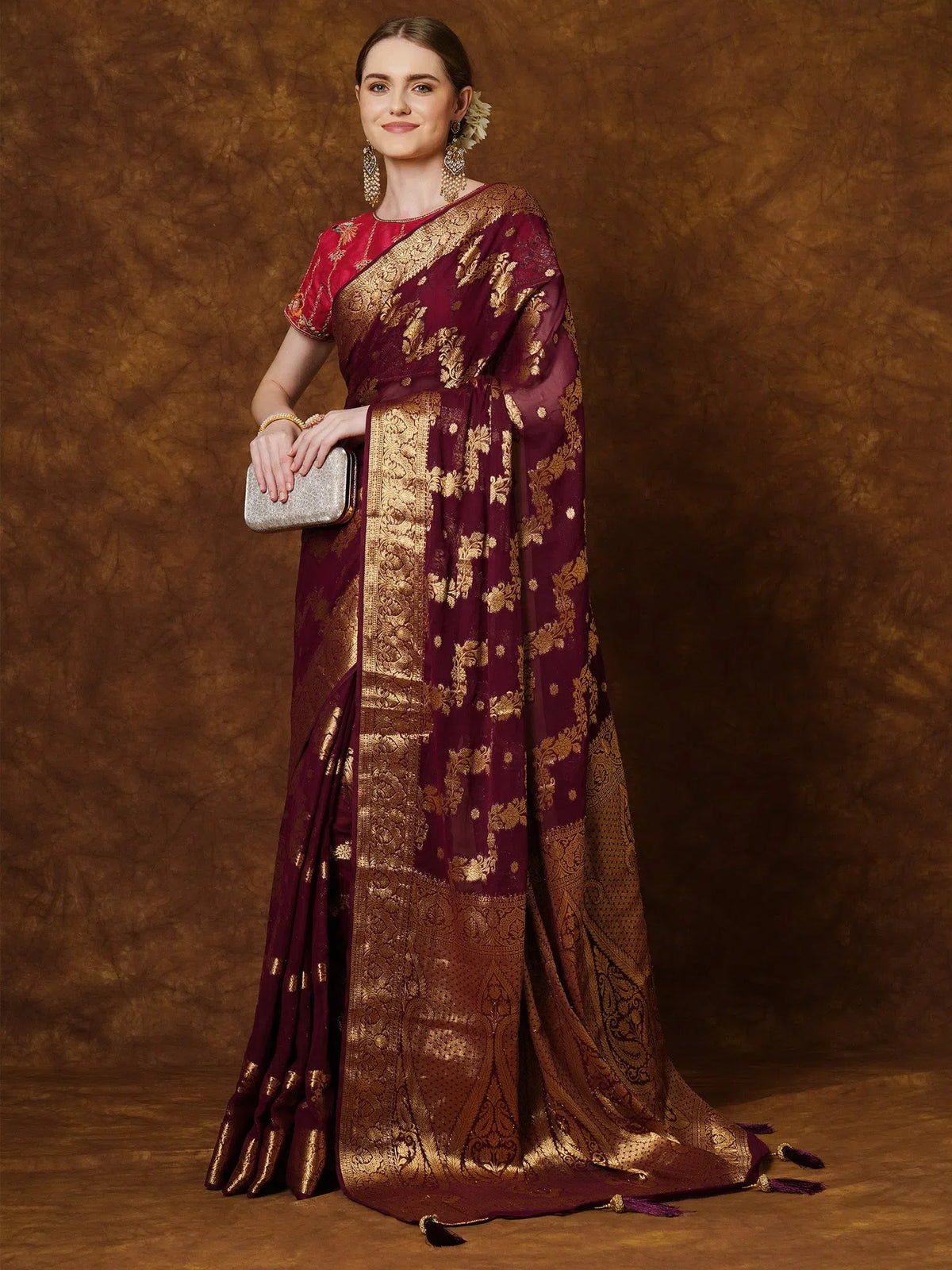 Women's Georgette Burgundy Woven Design Designer Saree With Blouse Piece-YARYAPRM107