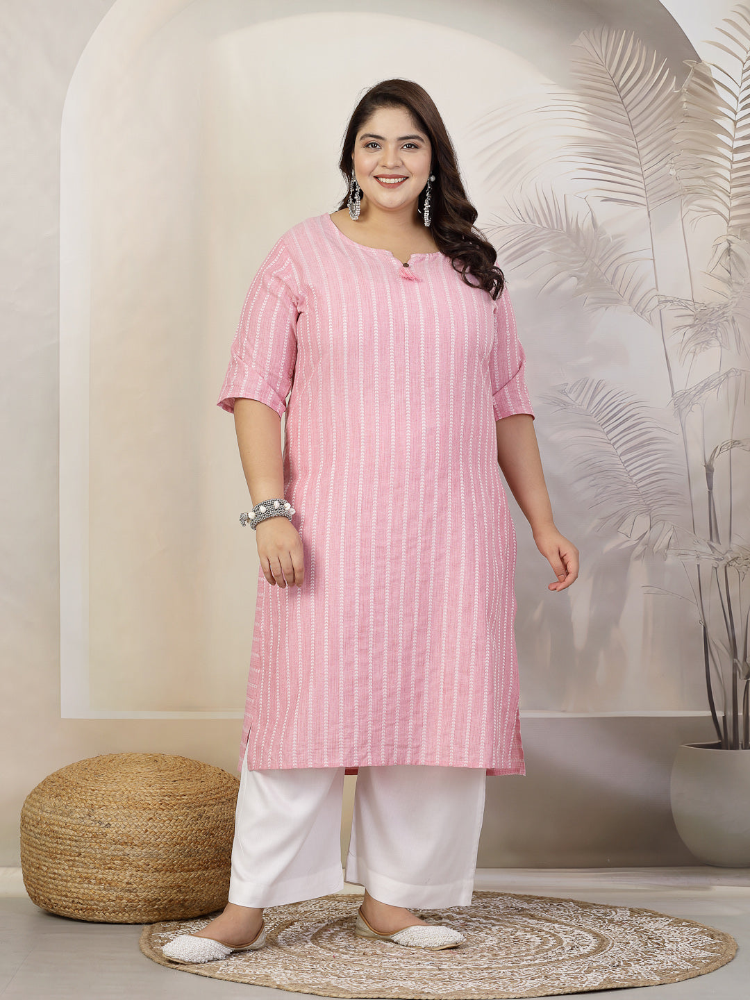 Plus Size Women Self Woven Striped Cotton Blend Straight Kurta (YASHIP