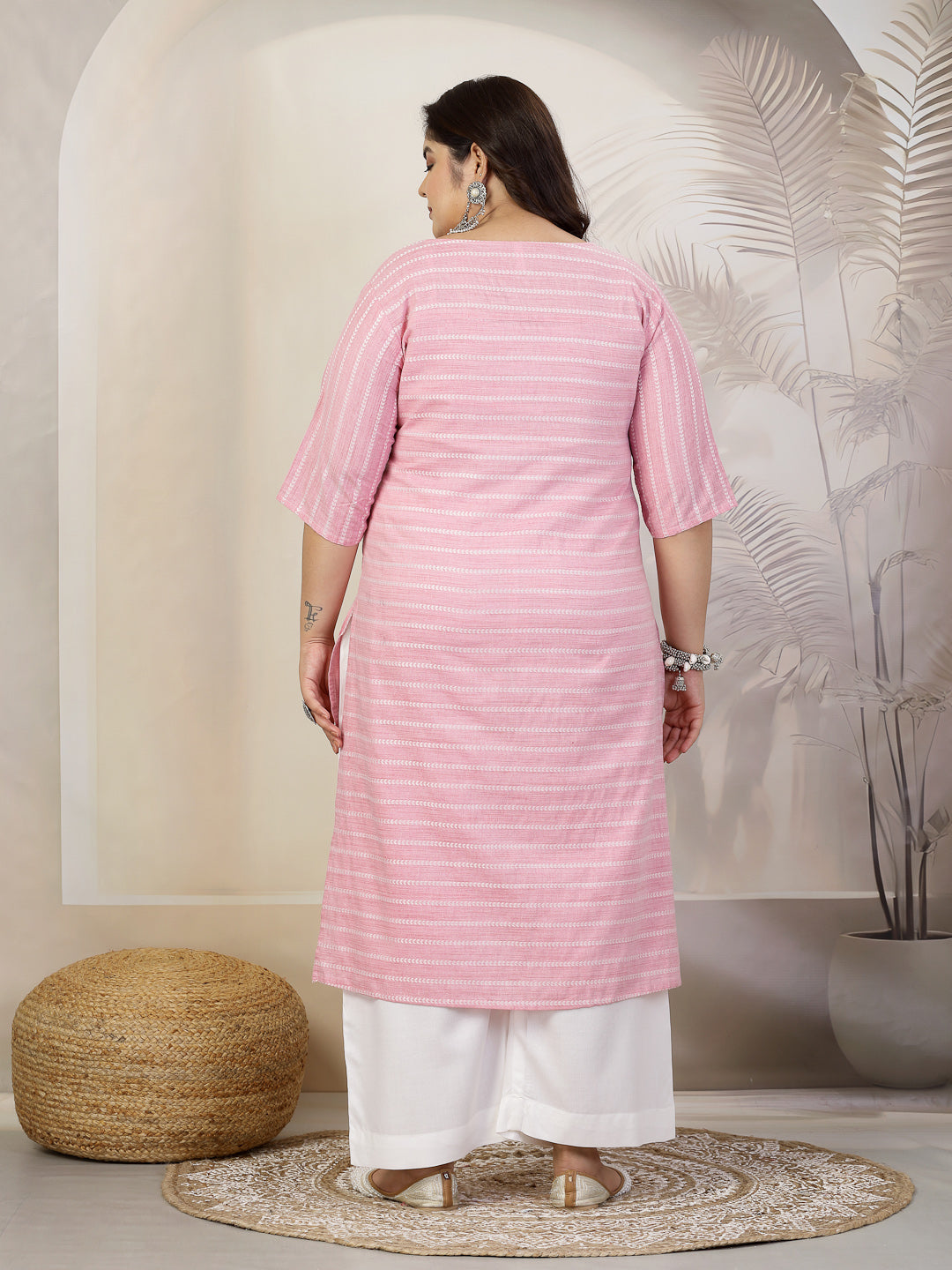 Plus Size Women Self Woven Striped Cotton Blend Straight Kurta (YASHIP