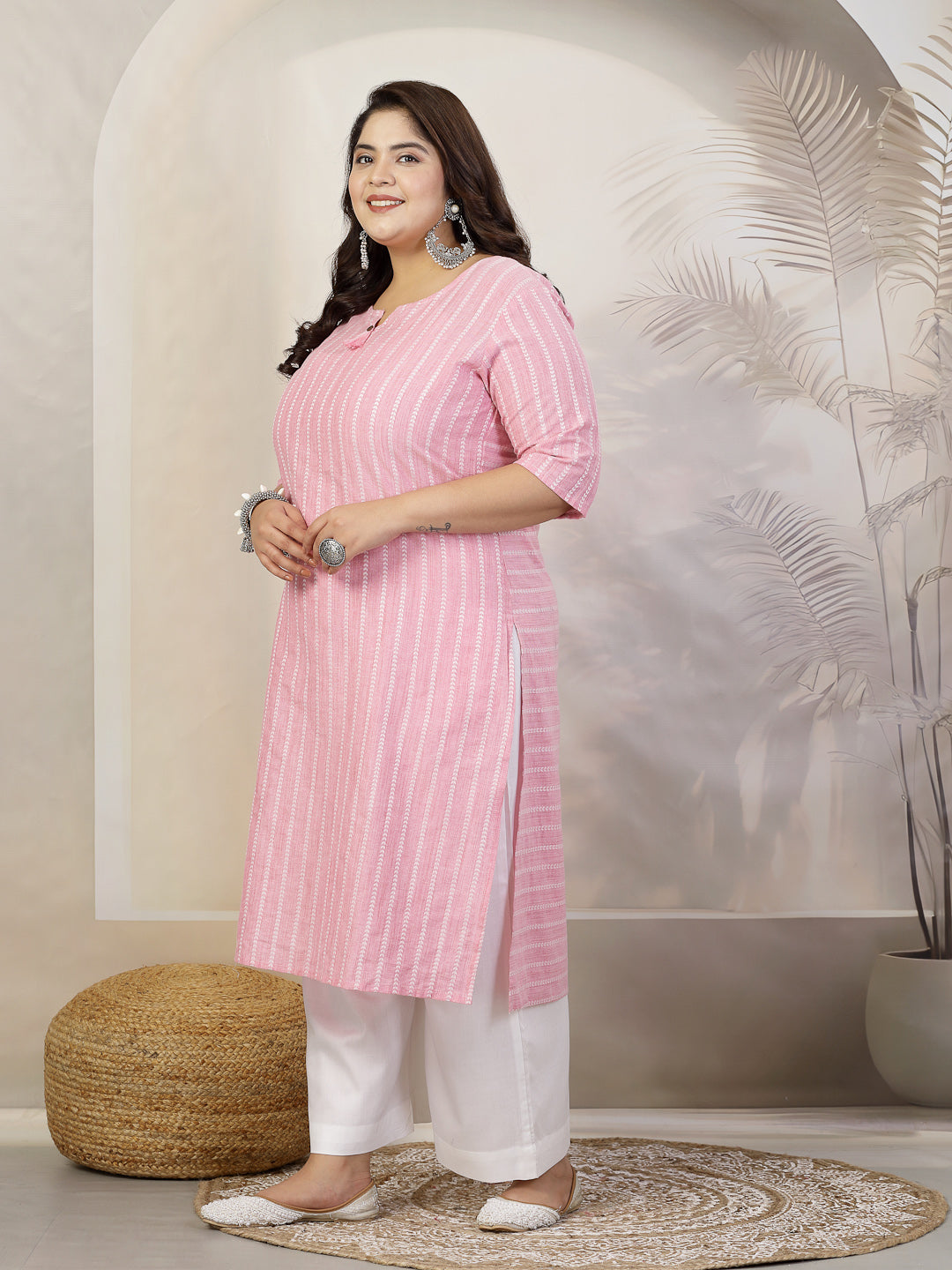 Plus Size Women Self Woven Striped Cotton Blend Straight Kurta (YASHIP