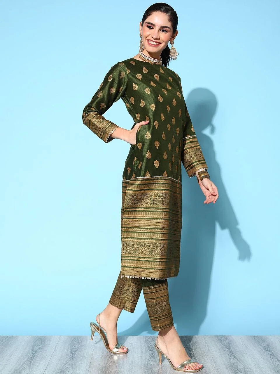 Olive Green Printed Kurta Pant Dupatta Set | Indian Kurta Sets