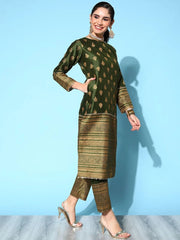 Olive Green Poly Silk Gold Printed Kurta Pant Set With Dupatta-AHKUDUPN-COMBO-405-FF