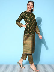 Olive Green Poly Silk Gold Printed Kurta Pant Set With Dupatta-AHKUDUPN-COMBO-405-FF