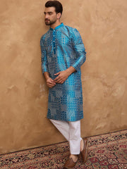 Ethnic Bay Men Blue Silk Blend Geometric Printed Straight Kurta With Pant Set-MKSET1527