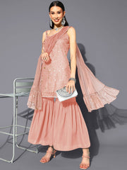 Abstract Printed Square Neck Net Kurti With Sharara & Dupatta