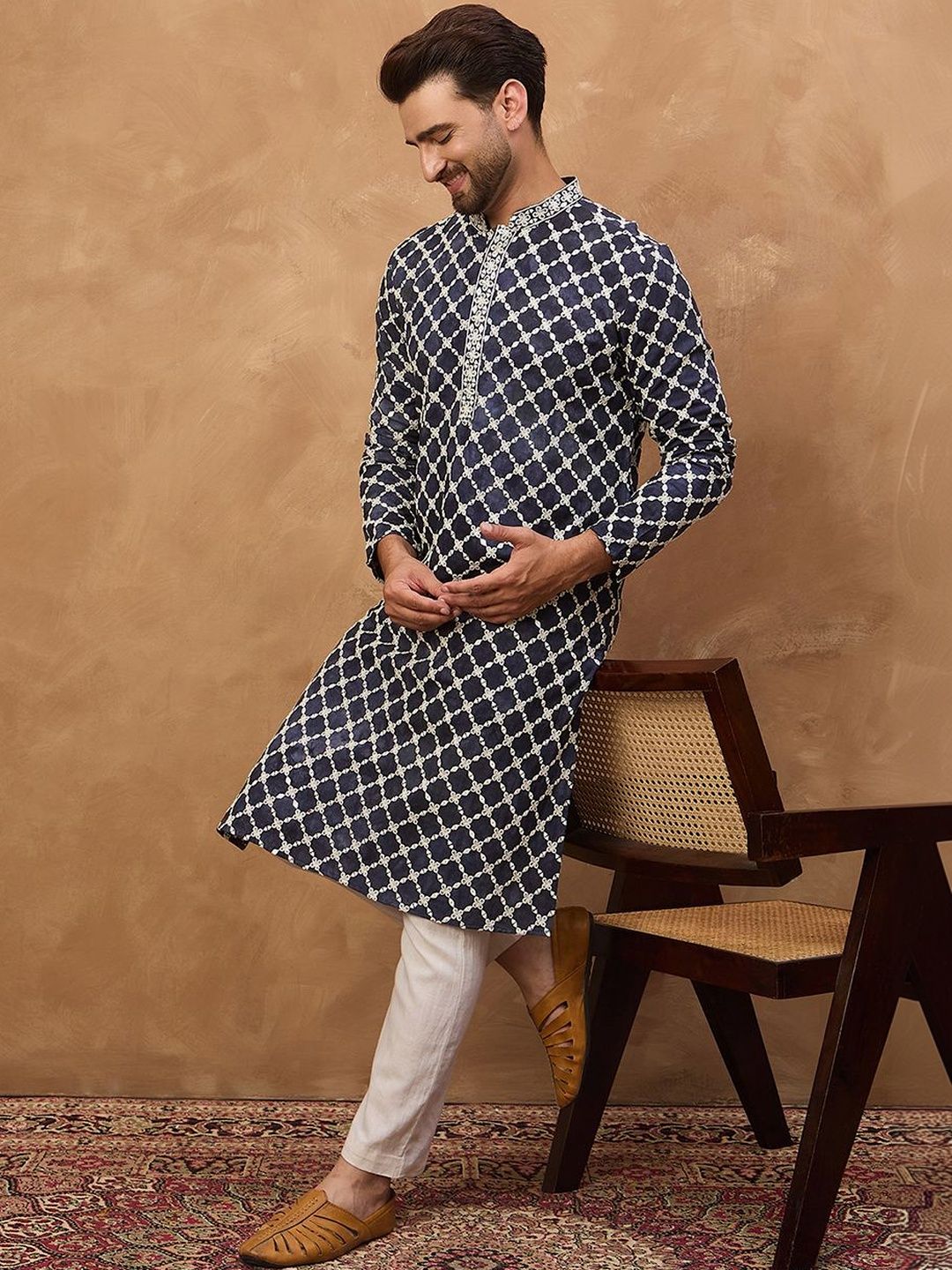 Ethnic Bay Men Blue Viscose Rayon Shibori Embroidered Straight Kurta With Pant Set-MKSET1534