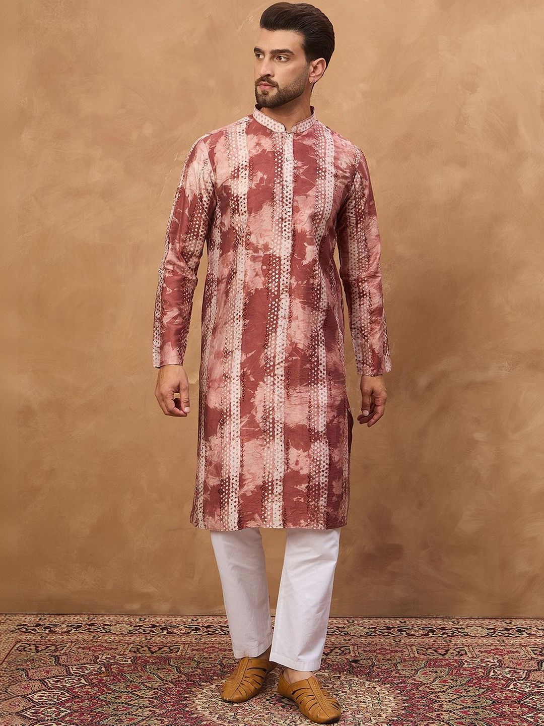 Ethnic Bay Men Brown Silk Blend Shibori Embroidered Straight Kurta With Pant Set-MKSET1539