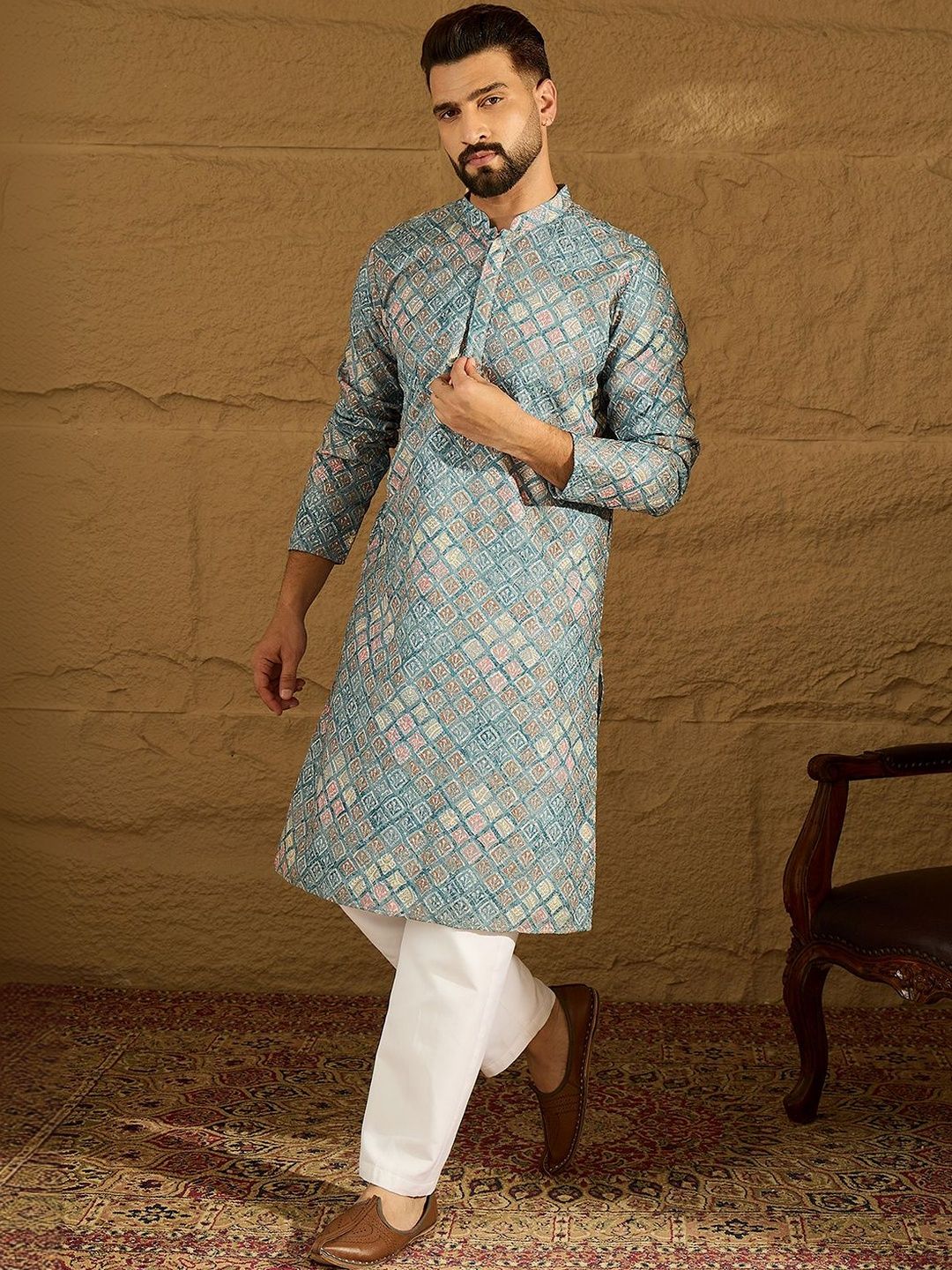 Ethnic Bay Men Blue Viscose Rayon Solid Embroidered Straight Kurta With Pant Set-MKSET1391