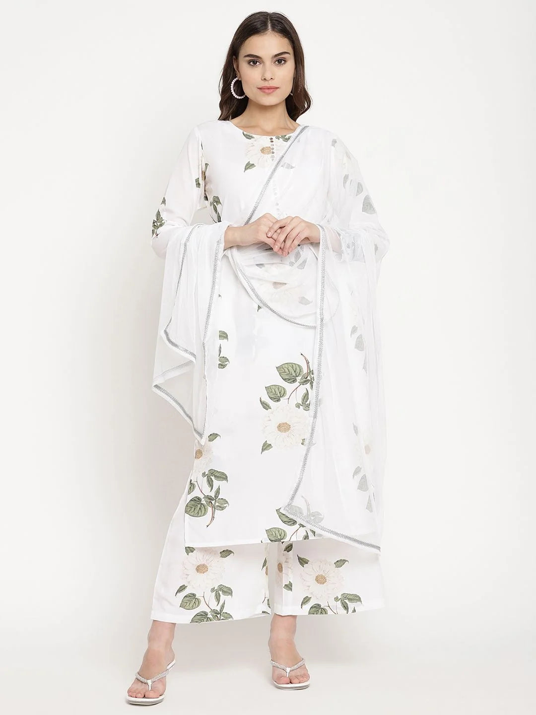 White Digital Print Kurta and Palazzo Set With Dupatta