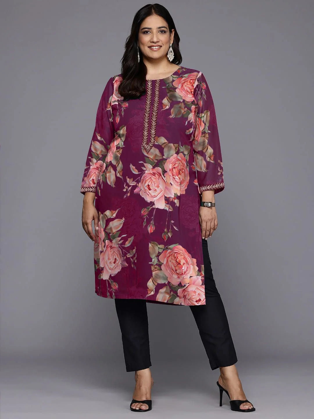 Women Floral Printed Round Neck Plus Size Straight Kurta-AP-AHKUGRDP-1140