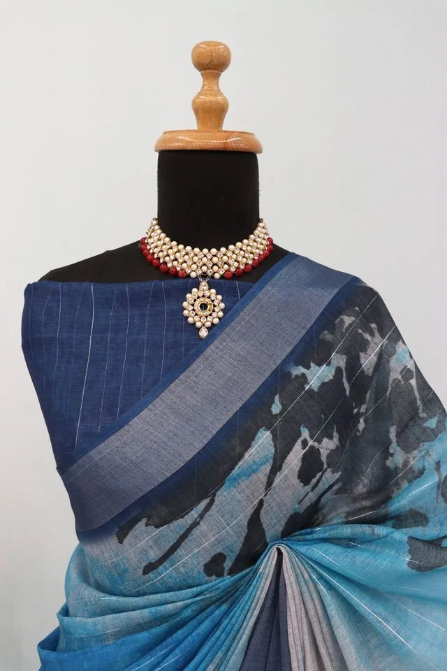 Linen Digital Print Blue Saree With Unstiched Blouse Piece