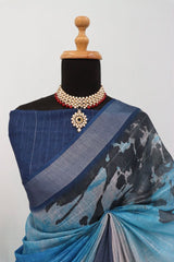 Linen Digital Print Blue Saree With Unstiched Blouse Piece-MPHL-44-BLUE