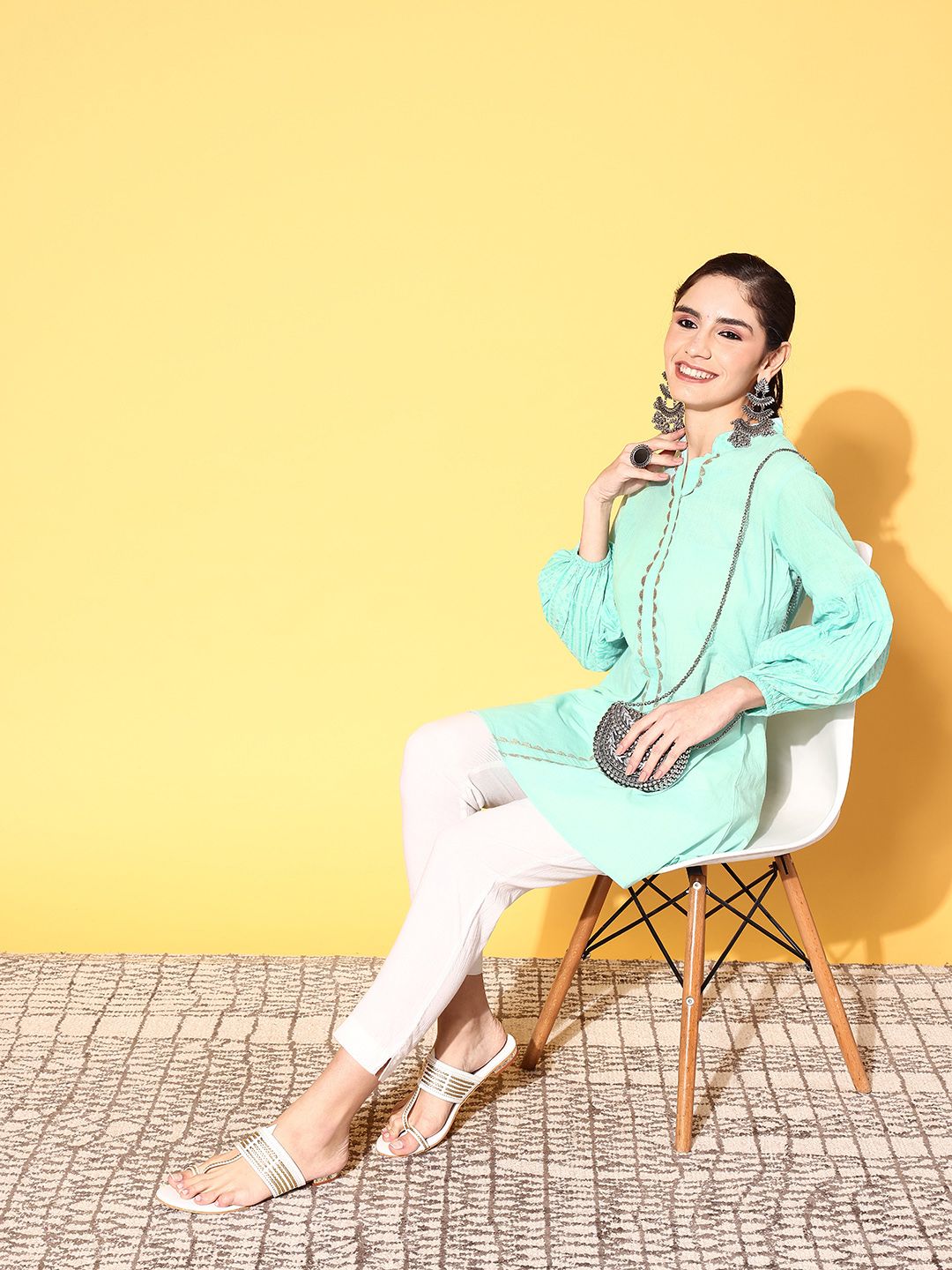 Mint Green Cotton Silver Print Tunic - Indian Kurtis Online