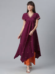 Burgundy Glitter Print Kimono Style Kurta With Palazzo-AHKUPZ-COMBO-346
