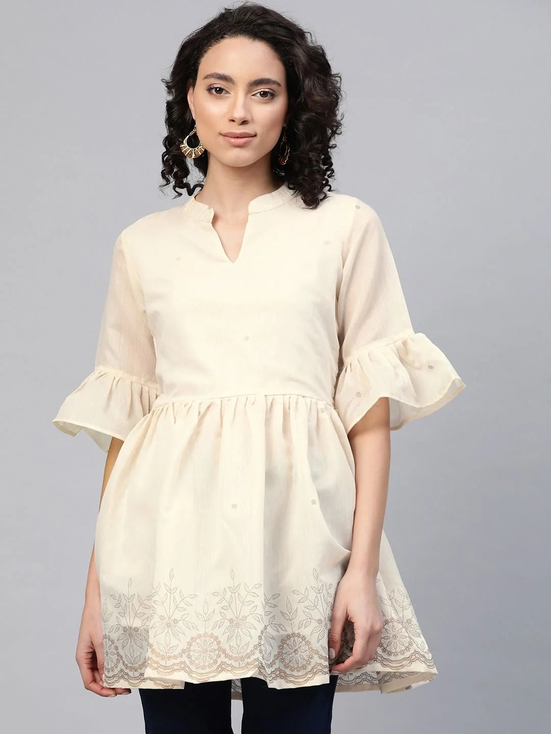 Cream Ethnic Print Tunic - Chanderi Indian Kurta for Women