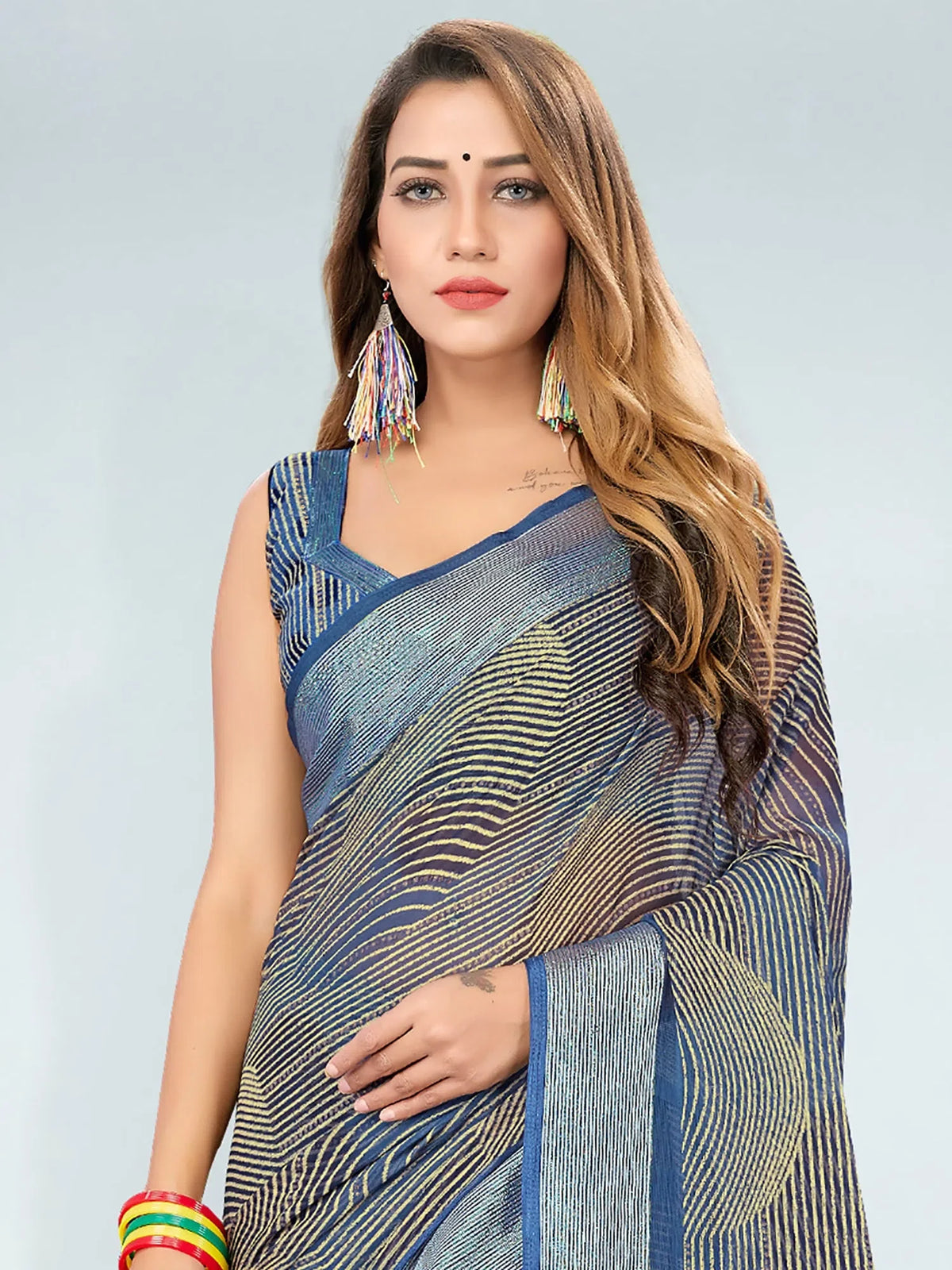 Women's Chiffon Navy Blue Printed Designer Saree With Blouse Piece-ZEHRA1005