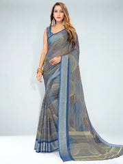 Women's Chiffon Navy Blue Printed Designer Saree With Blouse Piece-ZEHRA1005