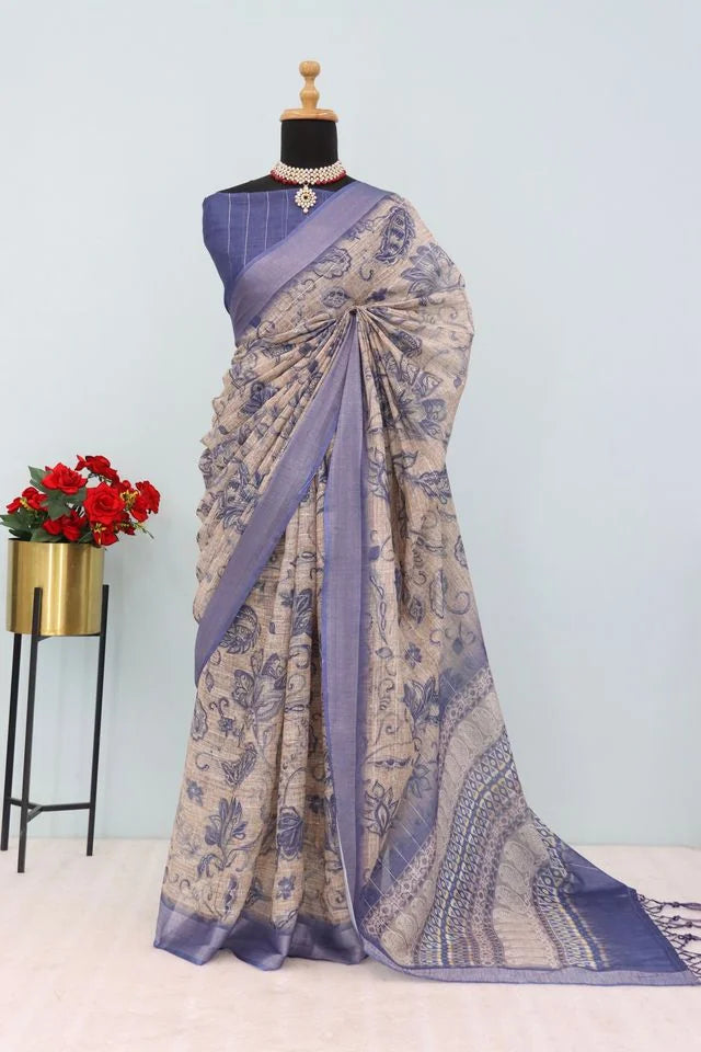 Linen Digital Print Beige Saree With Unstiched Blouse Piece-MPHL-51-BEIGE