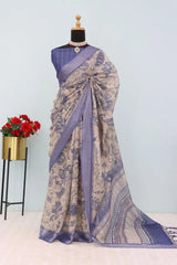 Linen Digital Print Beige Saree With Unstiched Blouse Piece-MPHL-51-BEIGE