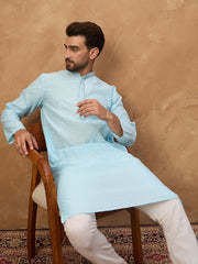 Ethnic Bay Men Blue Silk Blend Solid Embroidered Straight Kurta With Pant Set-MKSET1452