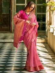 Women's  Blend Pink Woven Design Designer Saree With Blouse Piece-ZILMIL390002