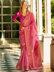 Women's  Blend Pink Woven Design Designer Saree With Blouse Piece-ZILMIL390002