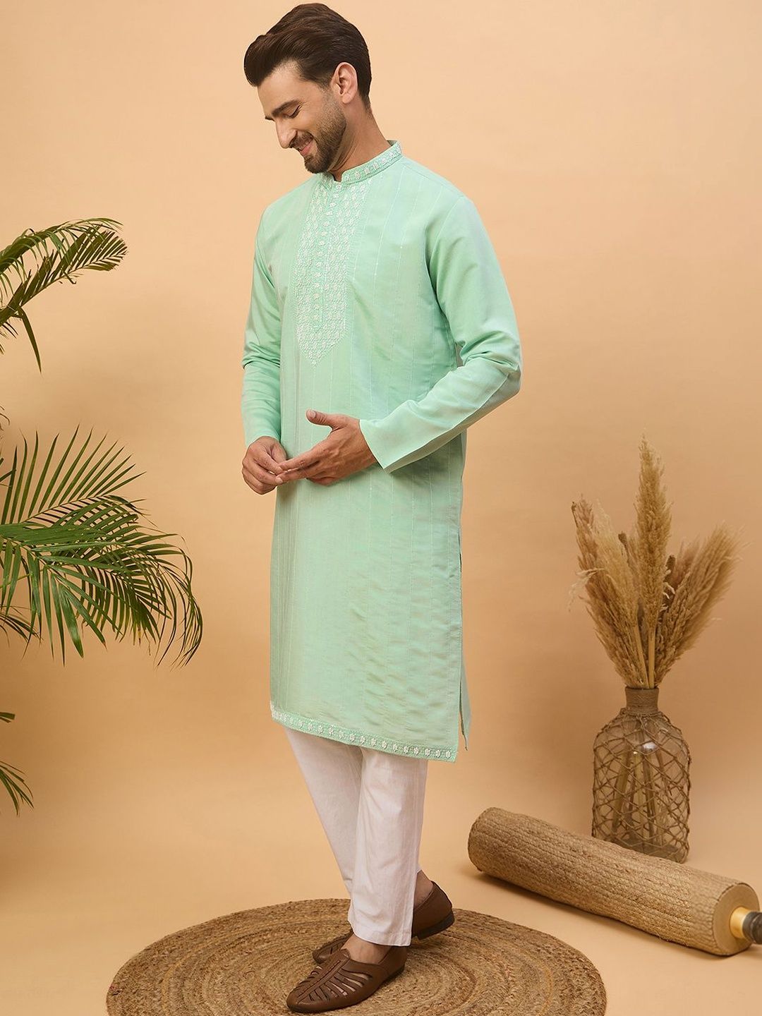 Ethnic Bay Men Blue Silk Blend Solid Embroidered Straight Kurta With Pant Set-MKSET1508