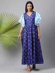 Royal Blue Poly Silk Gold Paste Printed Dress-AHDRPSGP-931-FF