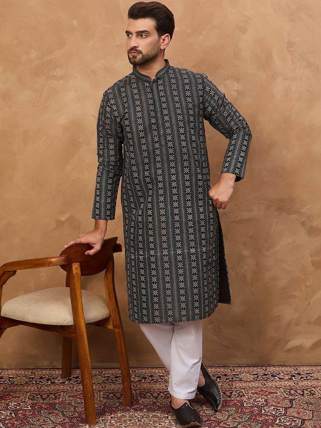 Ethnic Bay Men Black Silk Blend Geometric Printed Straight Kurta With Pant Set-MKSET1523