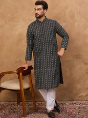 Ethnic Bay Men Black Silk Blend Geometric Printed Straight Kurta With Pant Set-MKSET1523